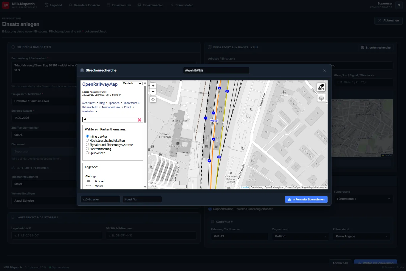 NFB.Dispatch: Einsatz anlegen mit Streckenrecherche über OpenRailwayMap